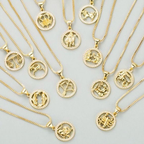 Zodiac Necklace Inlaid Zircon Gold Plated Stainless Steel - Picture 1 of 16